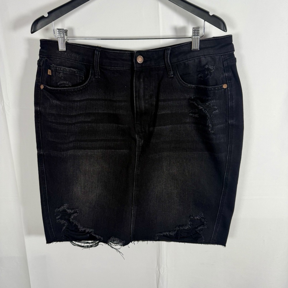 Judy Blue Distressed Black Denim Skirt XL Raw Hem Stretch Jean Mini